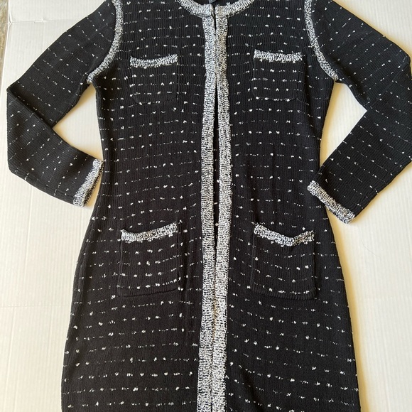 Neiman Marcus Sz M Women's Black White Open Front Cardigan Sweater Long Pocket - Picture 4 of 15